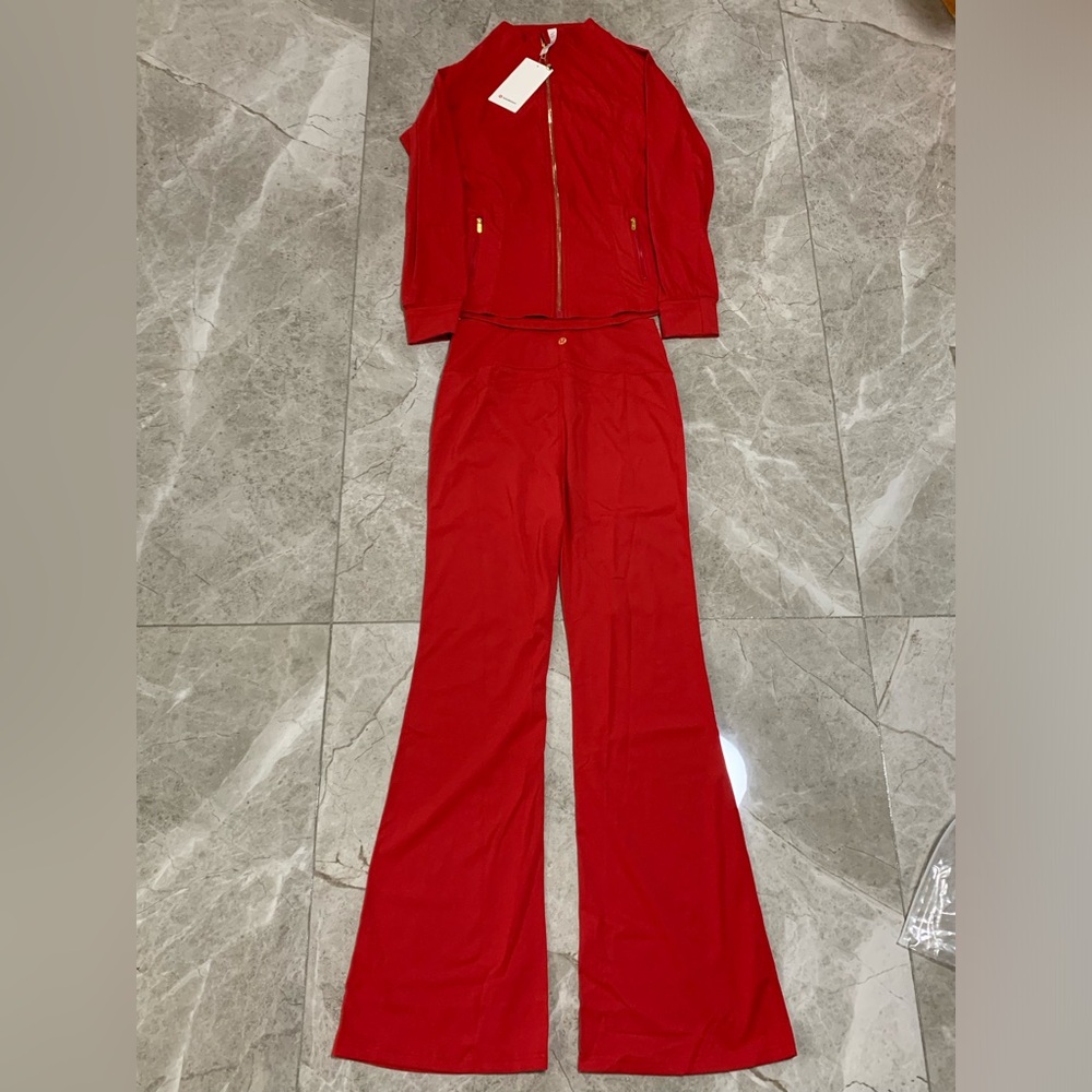 lululemon athletica Red Bomber Jacket and Matching Flared Pants Set